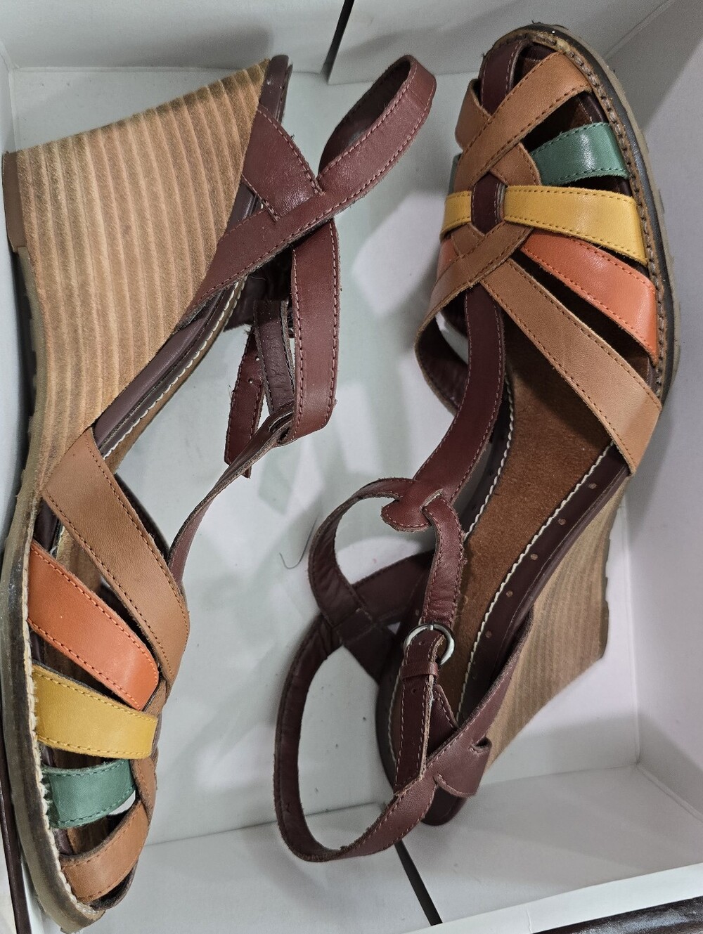 Multi-Color Leather Strappy Wedge Sandals - Women